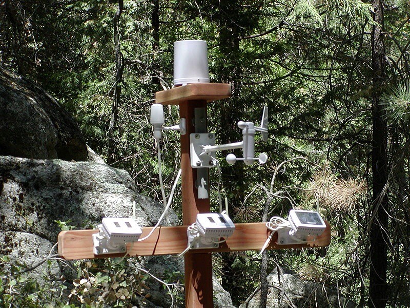 Micro weather station at the James San Jacinto Mountains Reserve, late 1990s. An early internet-connected sensor platform at a UC natural reserve. Photo: Michael P. Hamilton.
